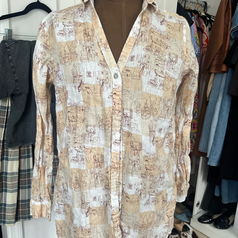 C&C California 100% linen  Beige Patterned button down shirt sz small ITALY